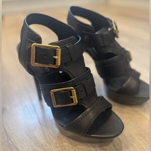 Burberry Black Leather Gladiator Heels with Gold Buckles